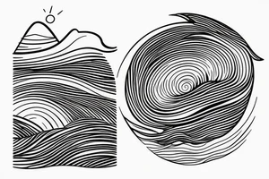 Fine line tattoo with a water wave and a mountain and the sun tattoo idea