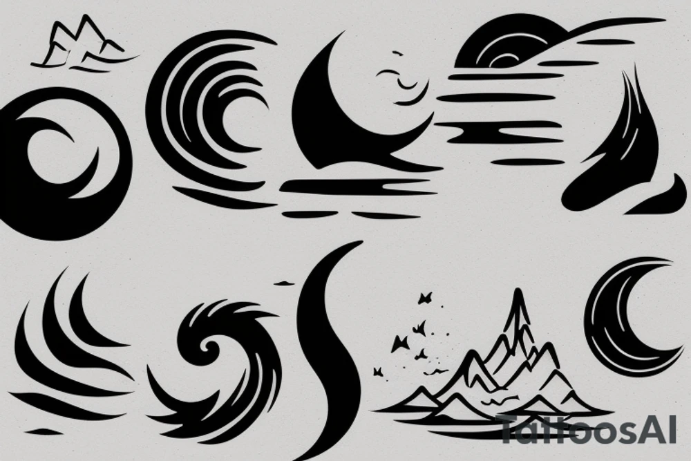 Minimalistic wave, Sun, and mountain tattoo idea