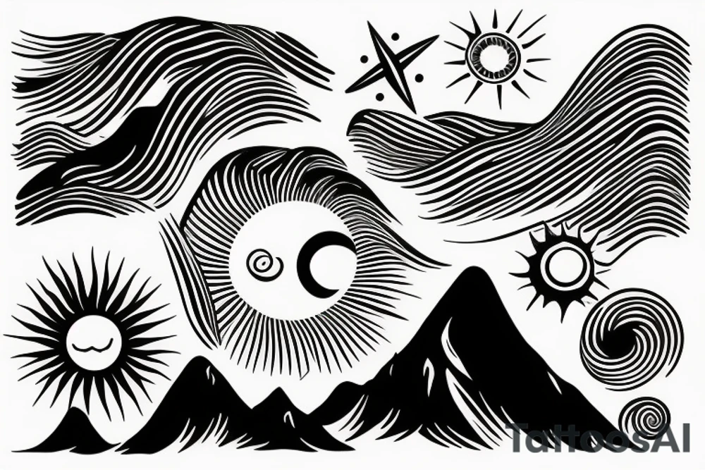 Wave, mountain and sun tattoo idea