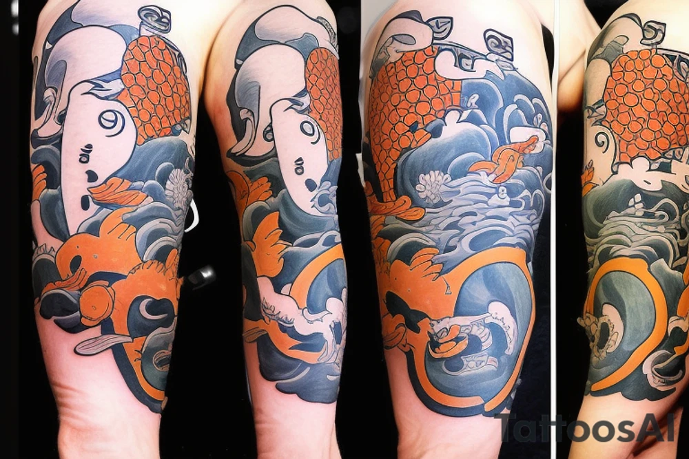 Max Fleischer , McBess cartoon style quarter sleeve tattoo . From shoulder to mid bicep.Cartoony take on the koi fish and Hokusai wave sleeve that became ubiquitous. like a fish winking with a pipe in his mouth and a captain hat on. And like give the wave like a face like max used to do with the houses and stuff in the old time musical cartoons. And have like a tiny skeleton dancing on a surfboard holding a fishing pole with a steak on the end for bait. tattoo idea