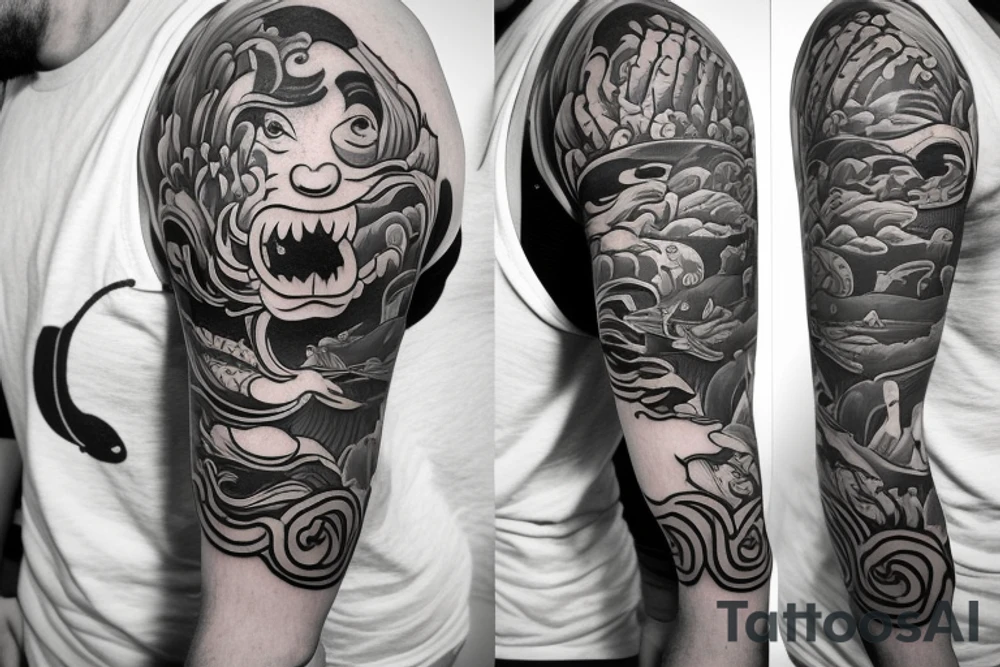 Max Fleischer , McBess cartoon style quarter sleeve tattoo . From shoulder to mid bicep.Cartoony take on the koi fish and Hokusai wave sleeve that became ubiquitous. like a fish winking with a pipe in his mouth and a captain hat on. And like give the wave like a face like max used to do with the houses and stuff in the old time musical cartoons. And have like a tiny skeleton dancing on a surfboard holding a fishing pole with a steak on the end for bait. tattoo idea