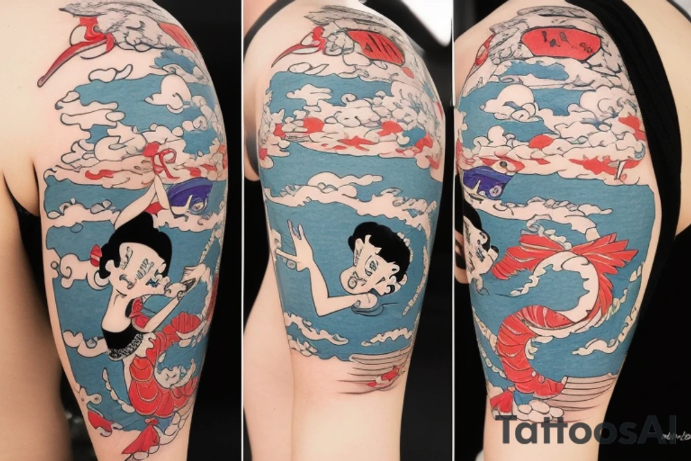 Betty Boop cartoon style quarter sleeve tattoo . From shoulder to mid bicep.Cartoon version on the koi fish and Hokusai wave. like a fish winking with a pipe in his mouth and a captain hat on. And like give the wave like a face like max used to do with the houses and stuff in the old time musical cartoons. And have like a tiny skeleton dancing on a surfboard holding a fishing pole with a steak on the end for bait. tattoo idea