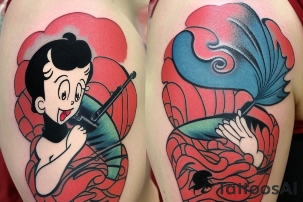 Betty Boop cartoon style quarter sleeve tattoo . From shoulder to mid bicep.Cartoon version on the koi fish and Hokusai wave. like a fish winking with a pipe in his mouth and a captain hat on. And like give the wave like a face like max used to do with the houses and stuff in the old time musical cartoons. And have like a tiny skeleton dancing on a surfboard holding a fishing pole with a steak on the end for bait. tattoo idea