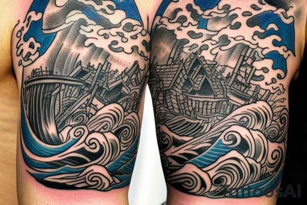 Old cartoon style quarter sleeve tattoo . From shoulder to mid bicep.Cartoon version on the koi fish and Hokusai wave. like a fish winking with a pipe in his mouth and a captain hat on. And like give the wave like a face like max used to do with the houses and stuff in the old time musical cartoons. And have like a tiny skeleton dancing on a surfboard holding a fishing pole with a steak on the end for bait. tattoo idea