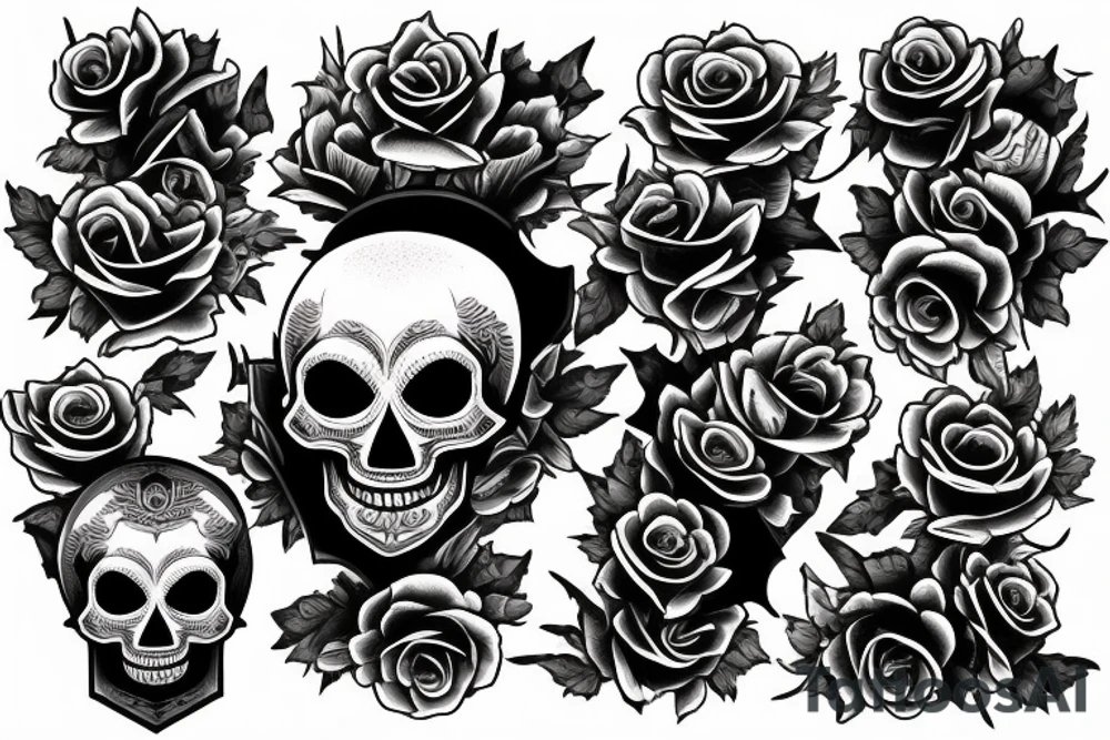 amerian traditional skull and dagger with roses tattoo idea