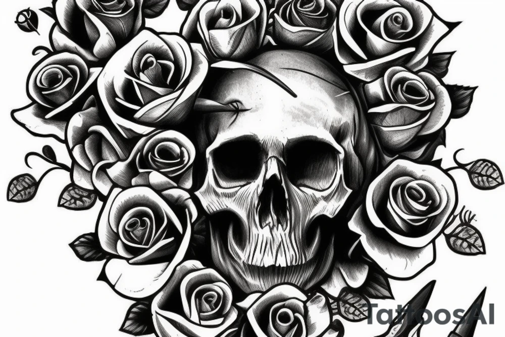 skull and dagger with roses tattoo idea