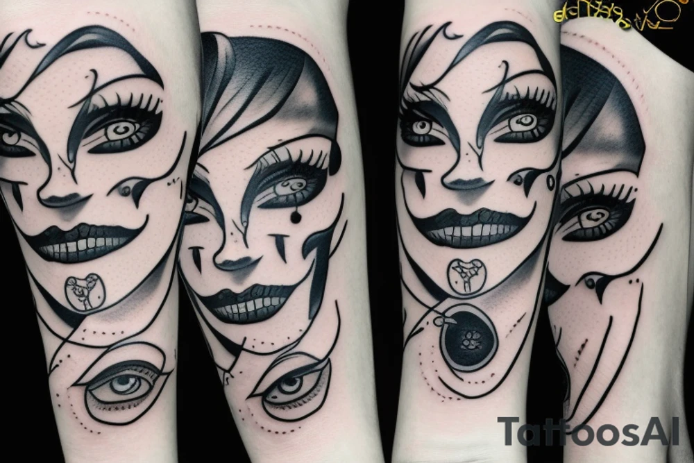 creepy girl face with black bleeding eyes tattoo idea