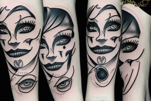 creepy girl face with black bleeding eyes tattoo idea