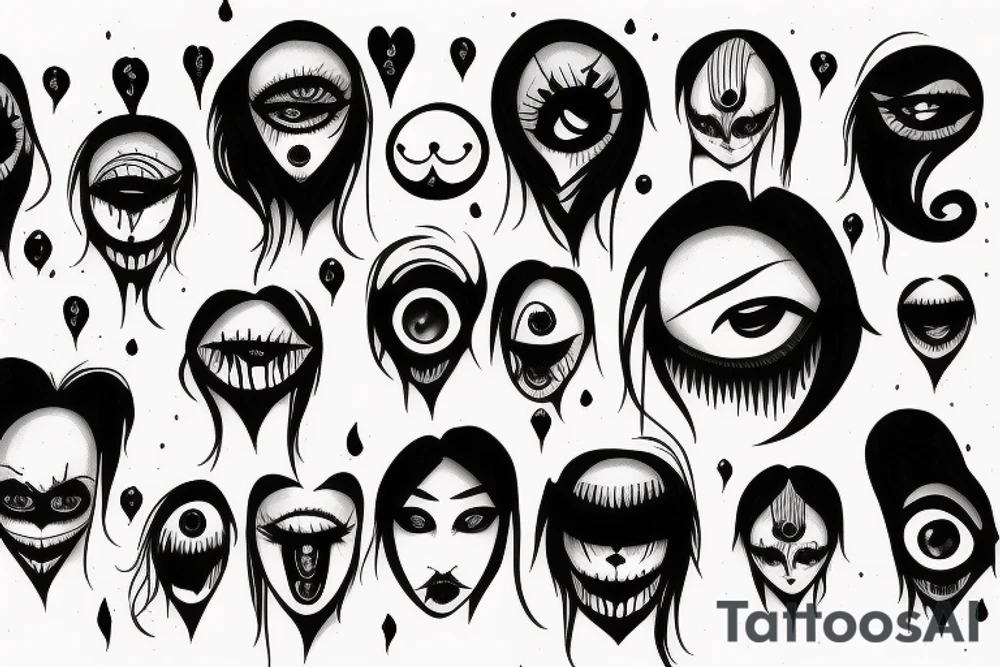 creepy girl face with black bleeding eyes tattoo idea
