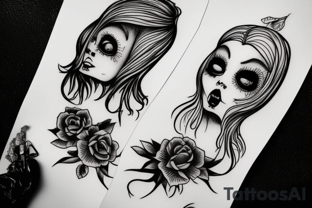 creepy girl face with black bleeding eyes tattoo idea