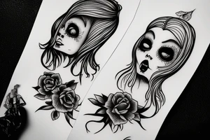 creepy girl face with black bleeding eyes tattoo idea