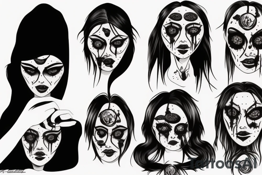 creepy girl face with black bleeding eyes tattoo idea