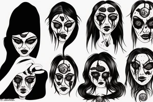 creepy girl face with black bleeding eyes tattoo idea