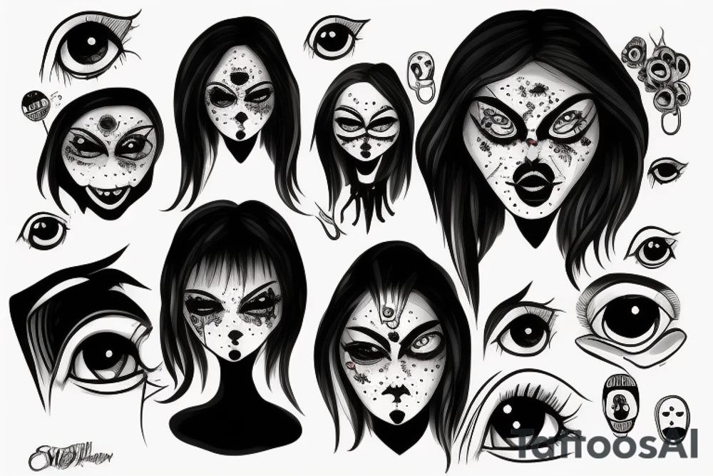 creepy girl face with black bleeding eyes tattoo idea