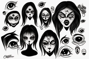 creepy girl face with black bleeding eyes tattoo idea