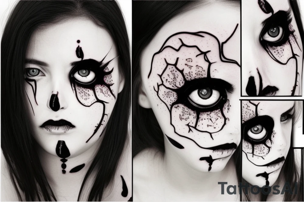 creepy girl face with black bleeding eyes tattoo idea