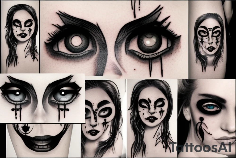 creepy girl face with black bleeding eyes tattoo idea