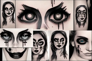creepy girl face with black bleeding eyes tattoo idea
