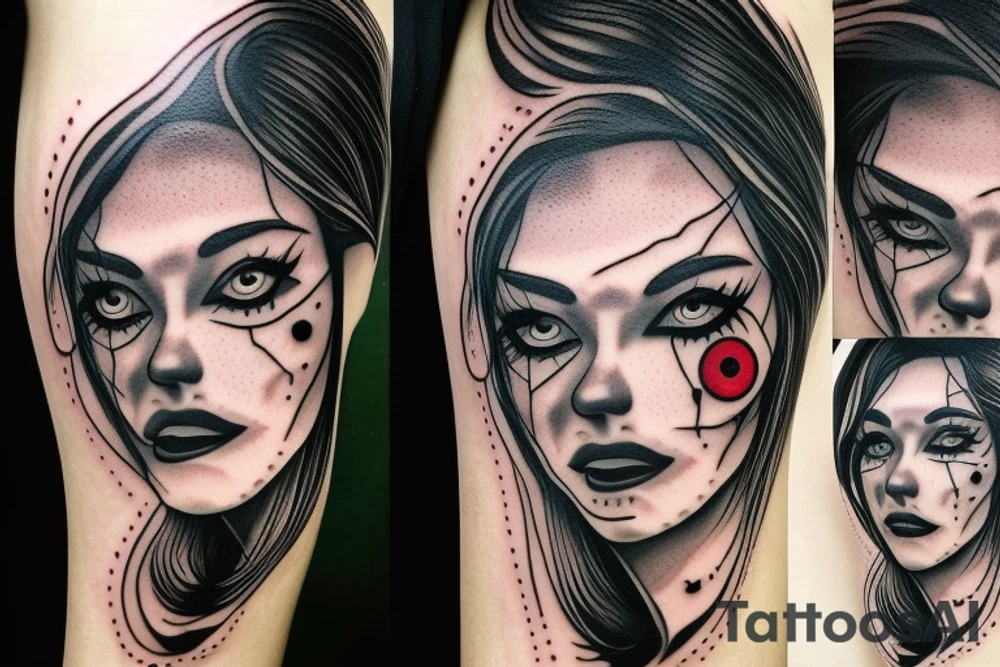 creepy female face with black bleeding eyes tattoo idea