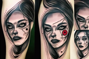 creepy female face with black bleeding eyes tattoo idea