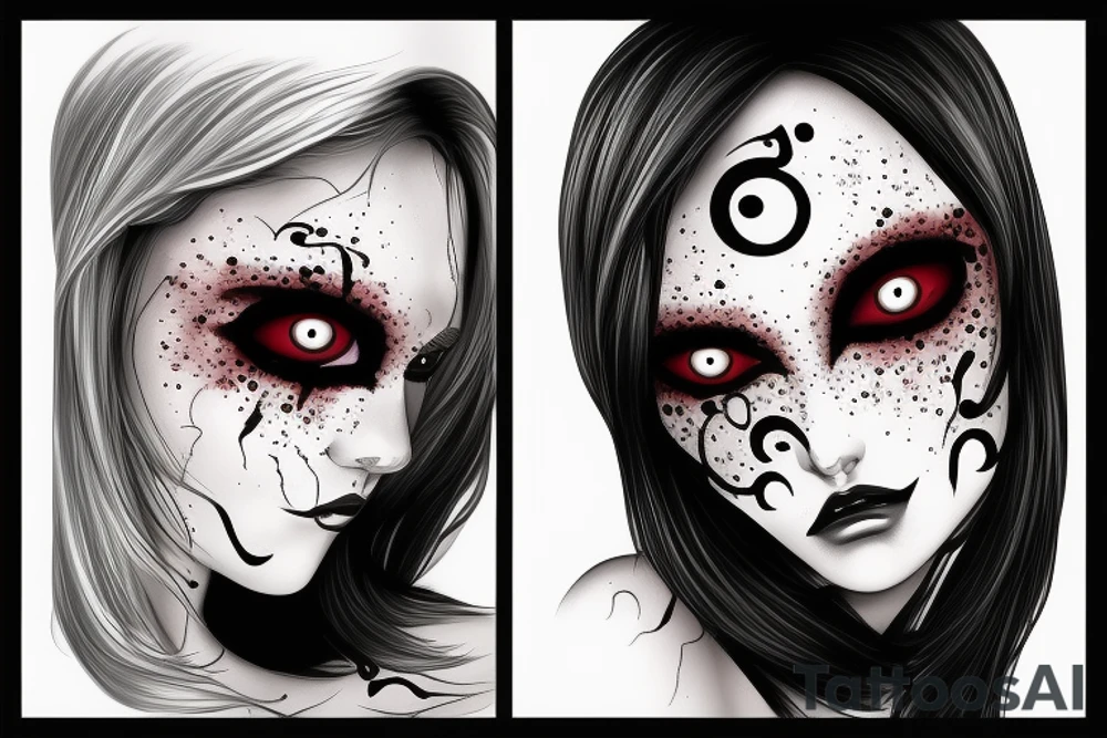 creepy female face with black bleeding eyes tattoo idea