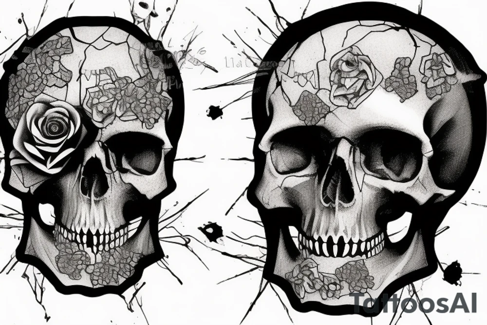 human skull with broken fragments tattoo idea