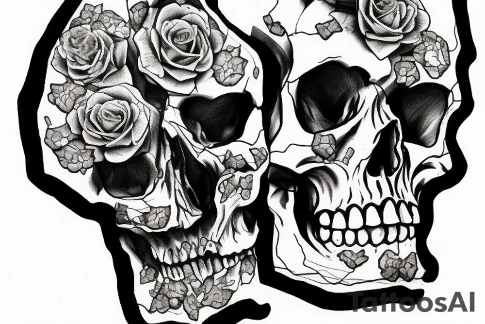 human skull with broken fragments tattoo idea