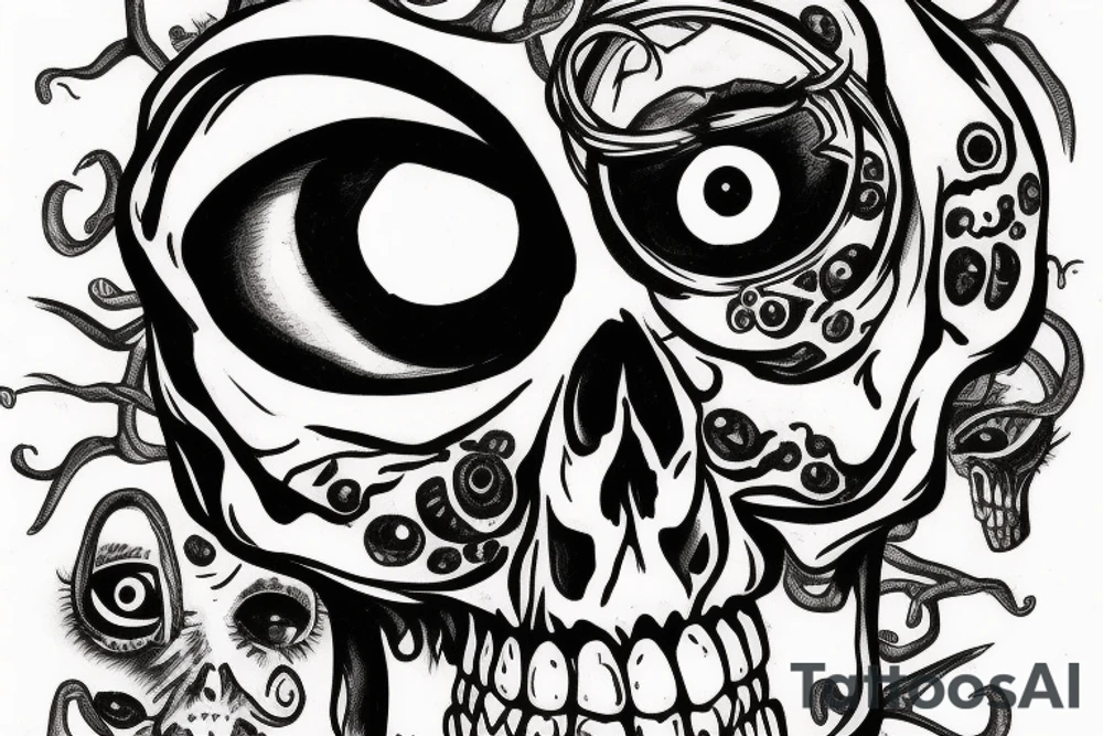 human skull with hanging eyeballs tattoo idea