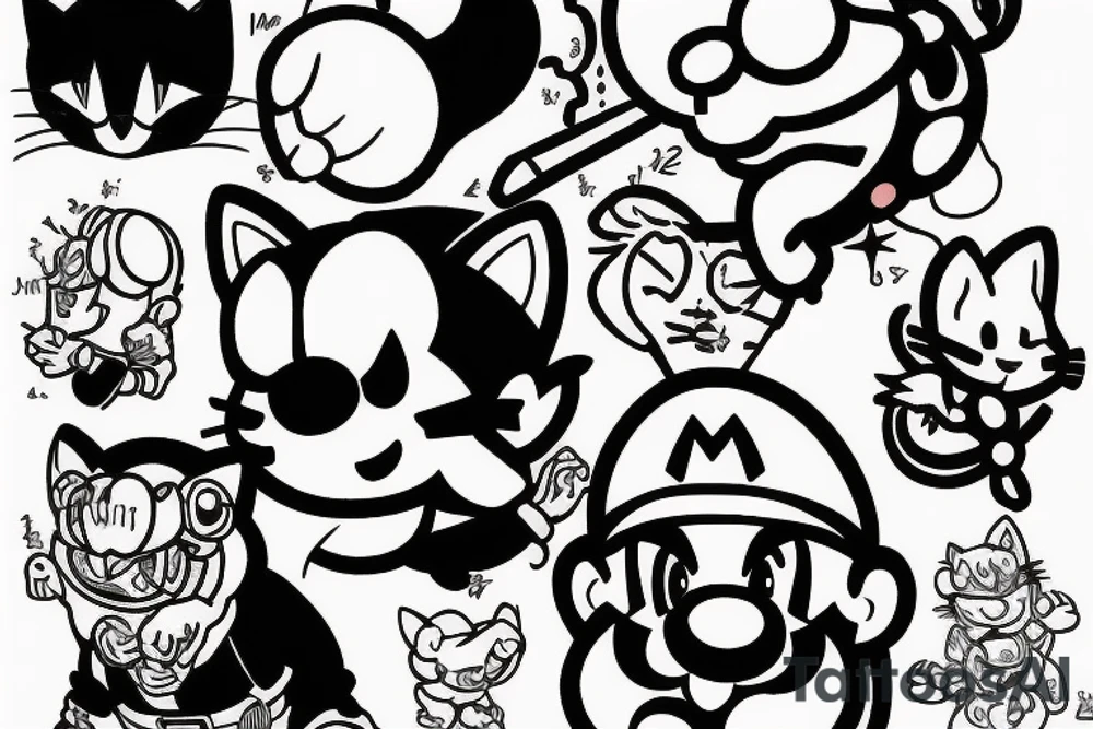 Mario with cat on shoulder tattoo idea