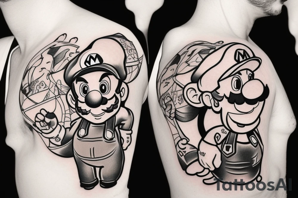 Mario with cat on shoulder tattoo idea