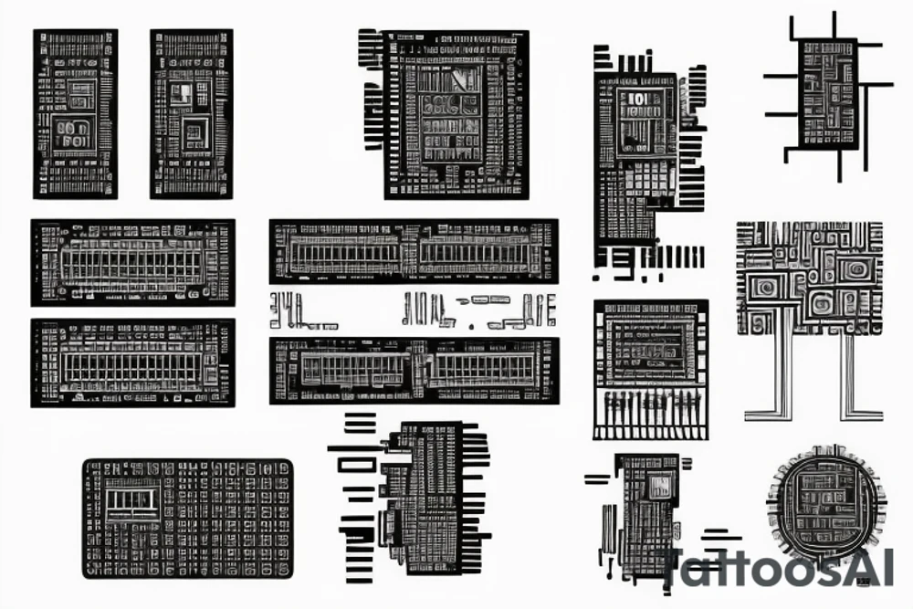 intricate semiconductor chip that has “berlin techno” written on it. tattoo idea