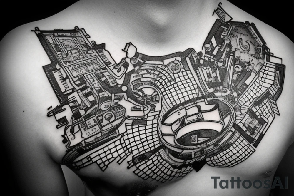 intricate semiconductor chip that has “berlin techno” written on it. tattoo idea