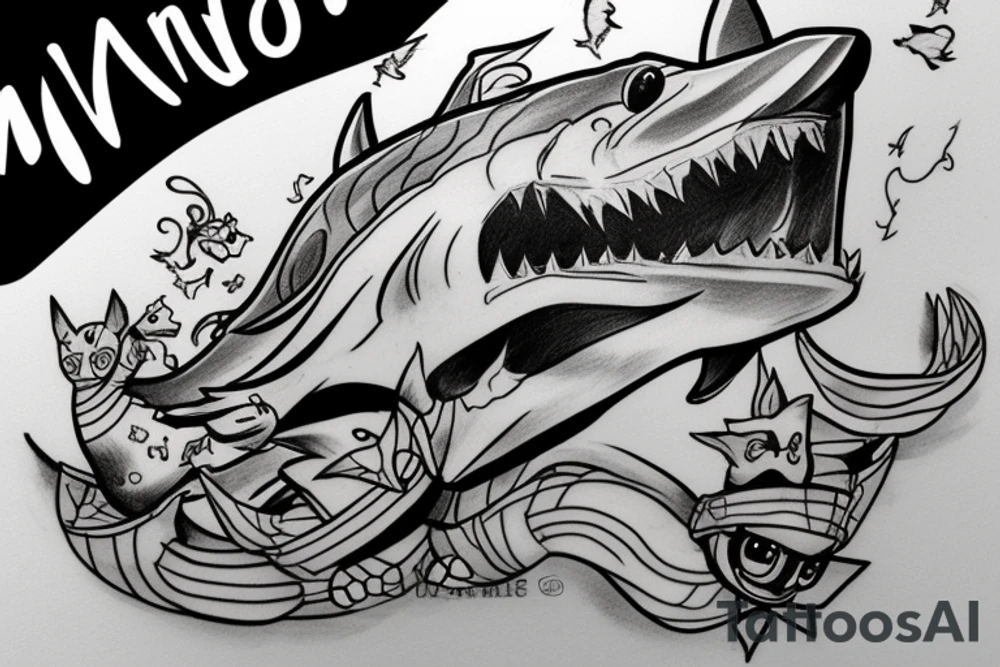 Mario riding white shark and feeding cat tattoo idea
