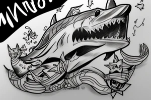 Mario riding white shark and feeding cat tattoo idea