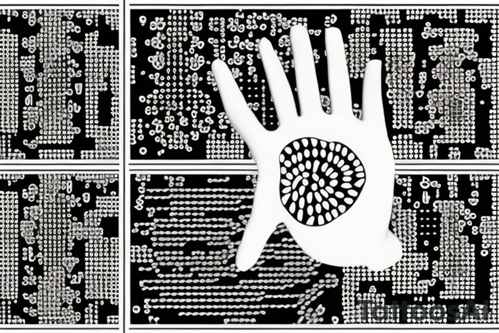 Ai computer chip at the centre of psychedelic hand with binary code on it tattoo idea