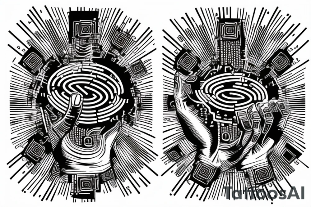Ai computer chip at the centre of psychedelic hand with binary code on it tattoo idea Ai computer chip at the centre of psychedelic hand with binary code on it tattoo idea