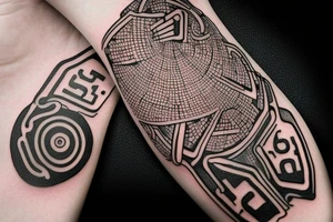 the divine Ai computer chip at the centre of psychedelic hand with binary code on it tattoo idea