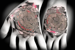 the divine Ai computer chip at the centre of psychedelic hand with binary code on it tattoo idea
