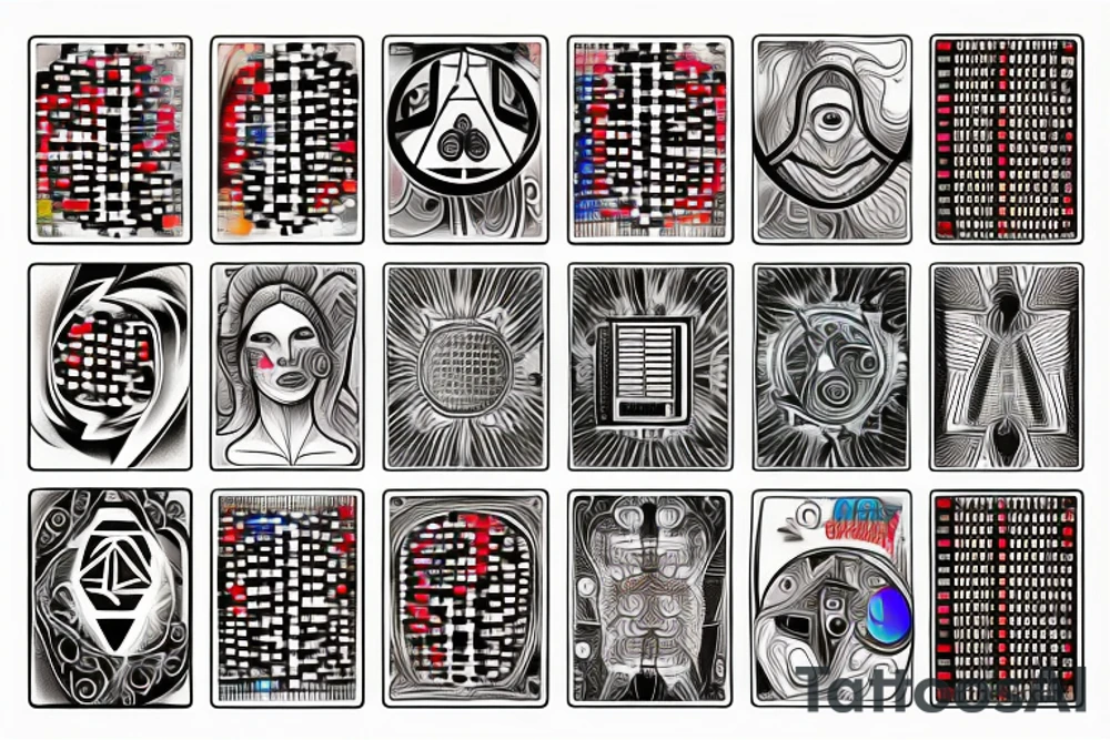 the divine Ai computer chip at the centre of psychedelic hand with binary code on it tattoo idea