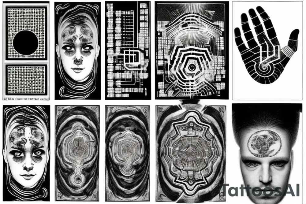 the divine Ai computer chip at the centre of psychedelic hand with binary code on it tattoo idea the divine Ai computer chip at the centre of psychedelic hand with binary code on it tattoo idea