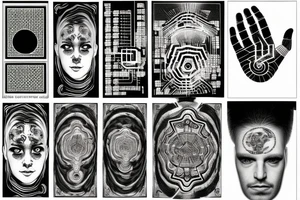 the divine Ai computer chip at the centre of psychedelic hand with binary code on it tattoo idea