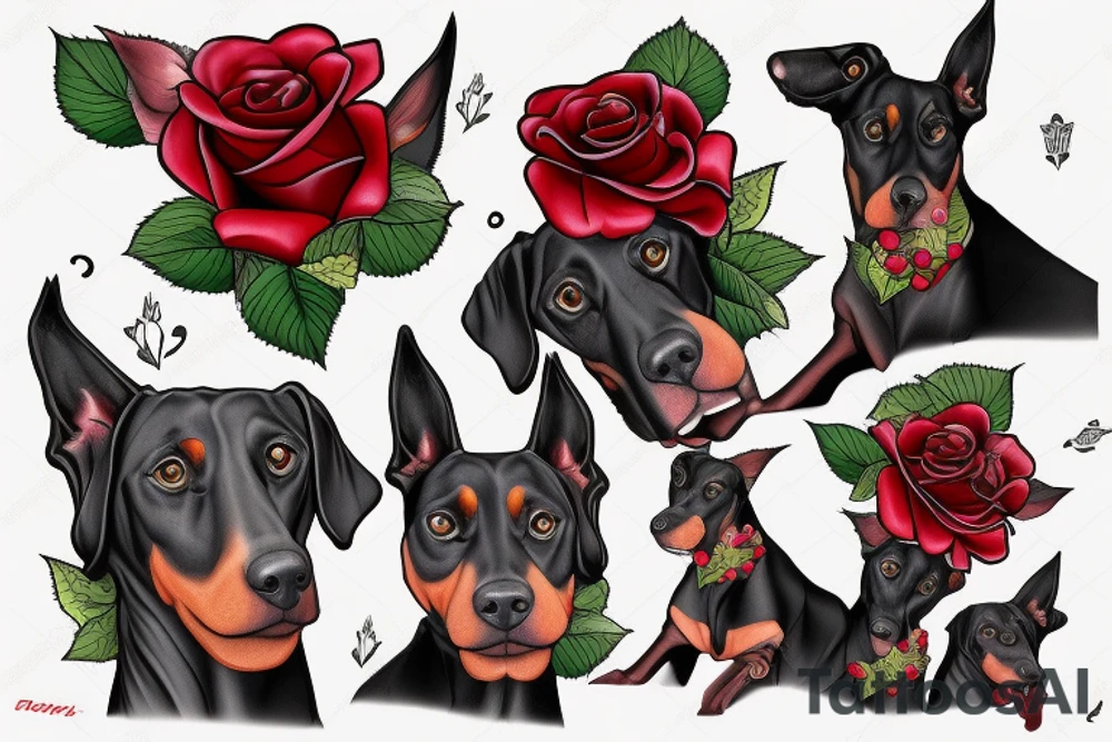 3 dobermans with roses tattoo idea