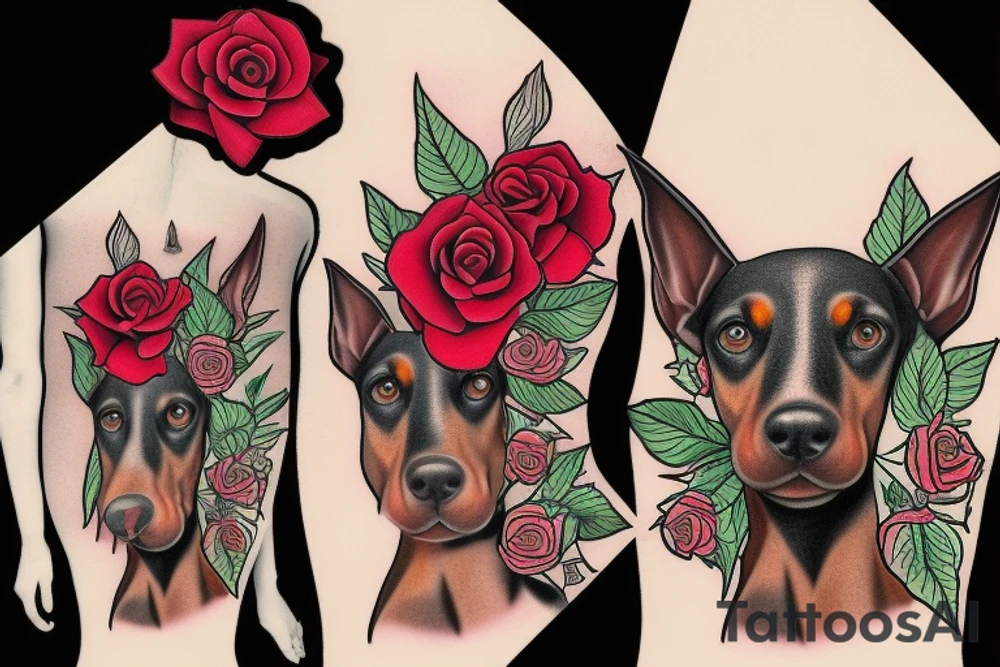 3 dobermans with roses tattoo idea
