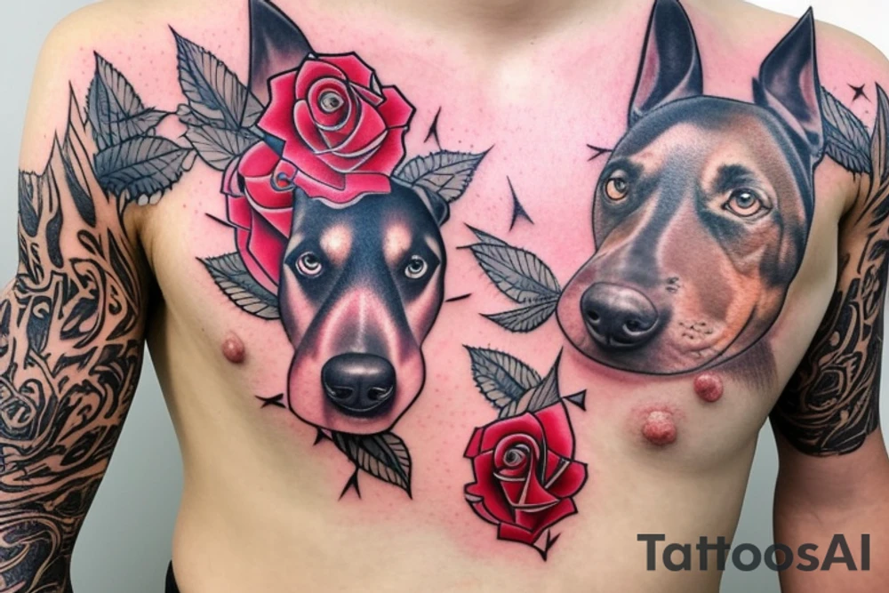 3 dobermans with roses on the chest tattoo idea