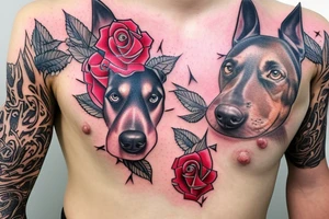 3 dobermans with roses on the chest tattoo idea