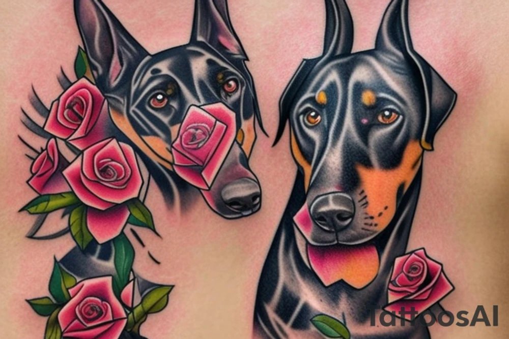 3 dobermans with roses on the chest tattoo idea