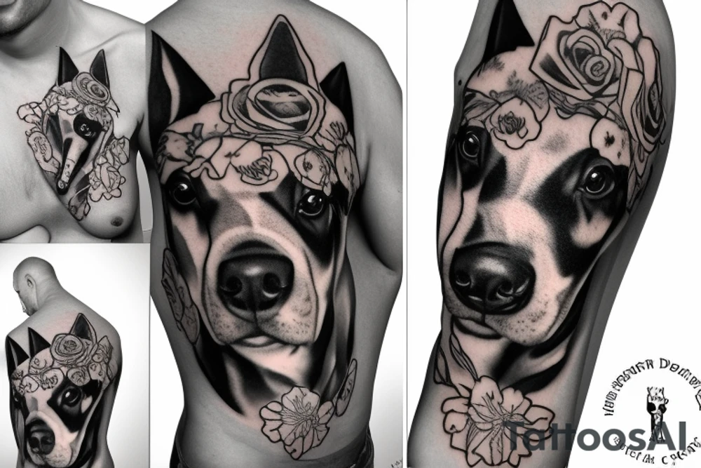 3 dobermans with roses on the chest tattoo idea