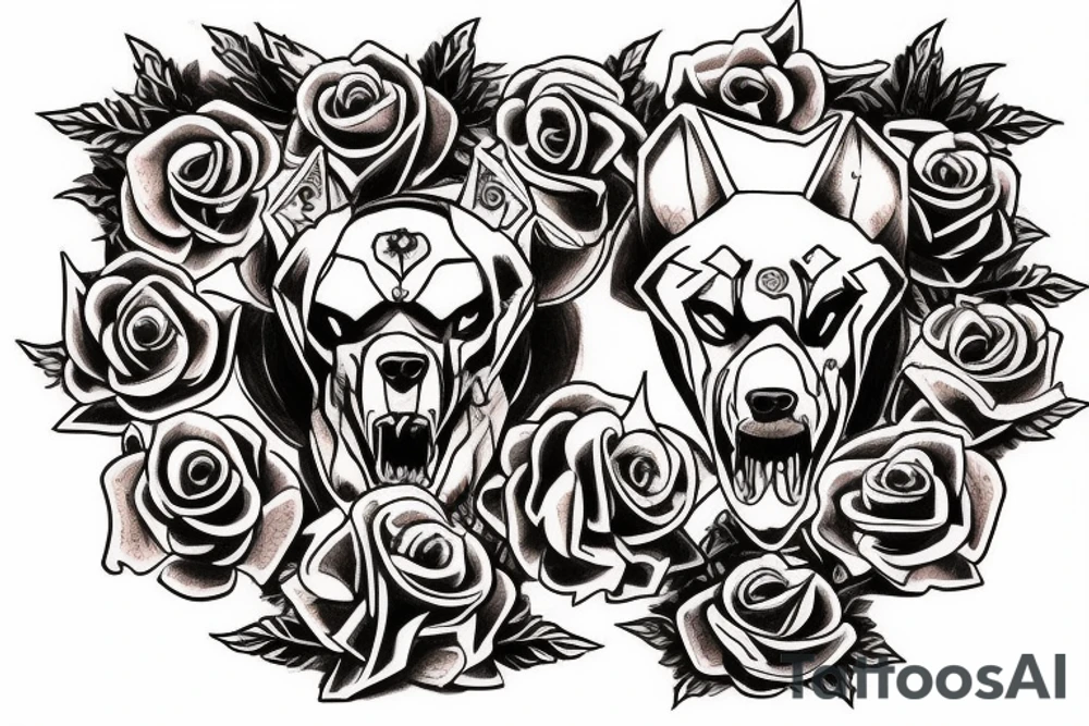 Sketch a chest tattoo. In the middle there is a Cerberus with 3 heads, the central one looks forward, the sharp ones are slightly to the sides. From the bottom of the heads should be bloodied roses. tattoo idea