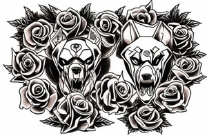 Sketch a chest tattoo. In the middle there is a Cerberus with 3 heads, the central one looks forward, the sharp ones are slightly to the sides. From the bottom of the heads should be bloodied roses. tattoo idea