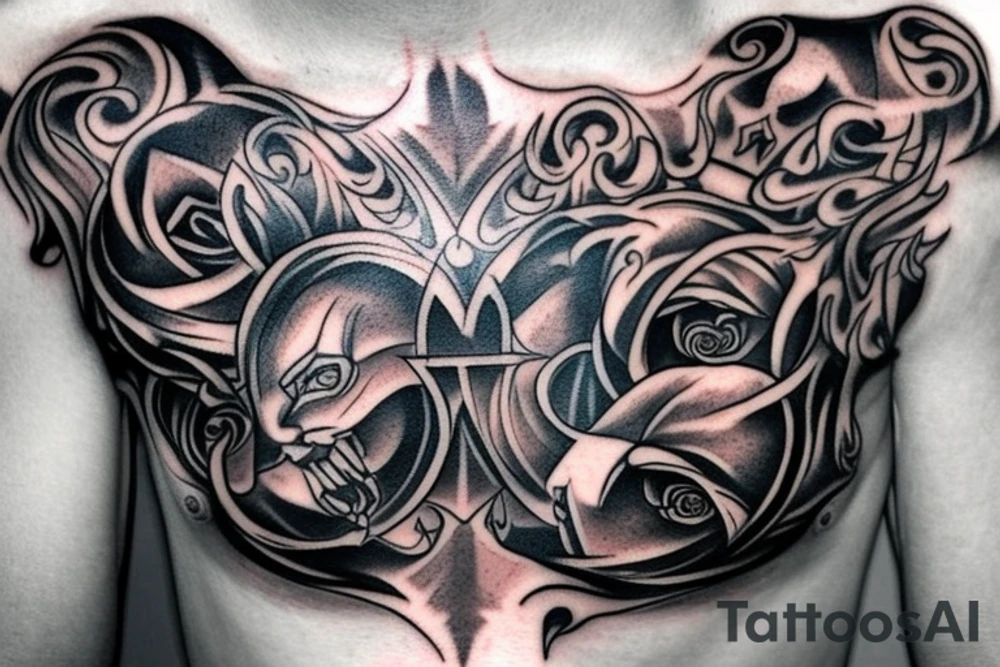 Sketch a chest tattoo. In the middle there is a Cerberus with 3 heads, the central one looks forward, the sharp ones are slightly to the sides. From the bottom of the heads should be bloodied roses. tattoo idea
